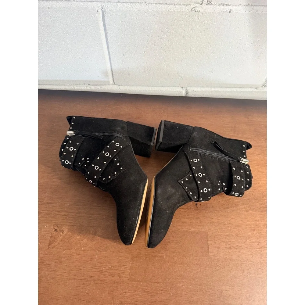 Rebecca Minkoff Black Suede Studded Buckle Ankle Boots Block Heel Women Size 7.5